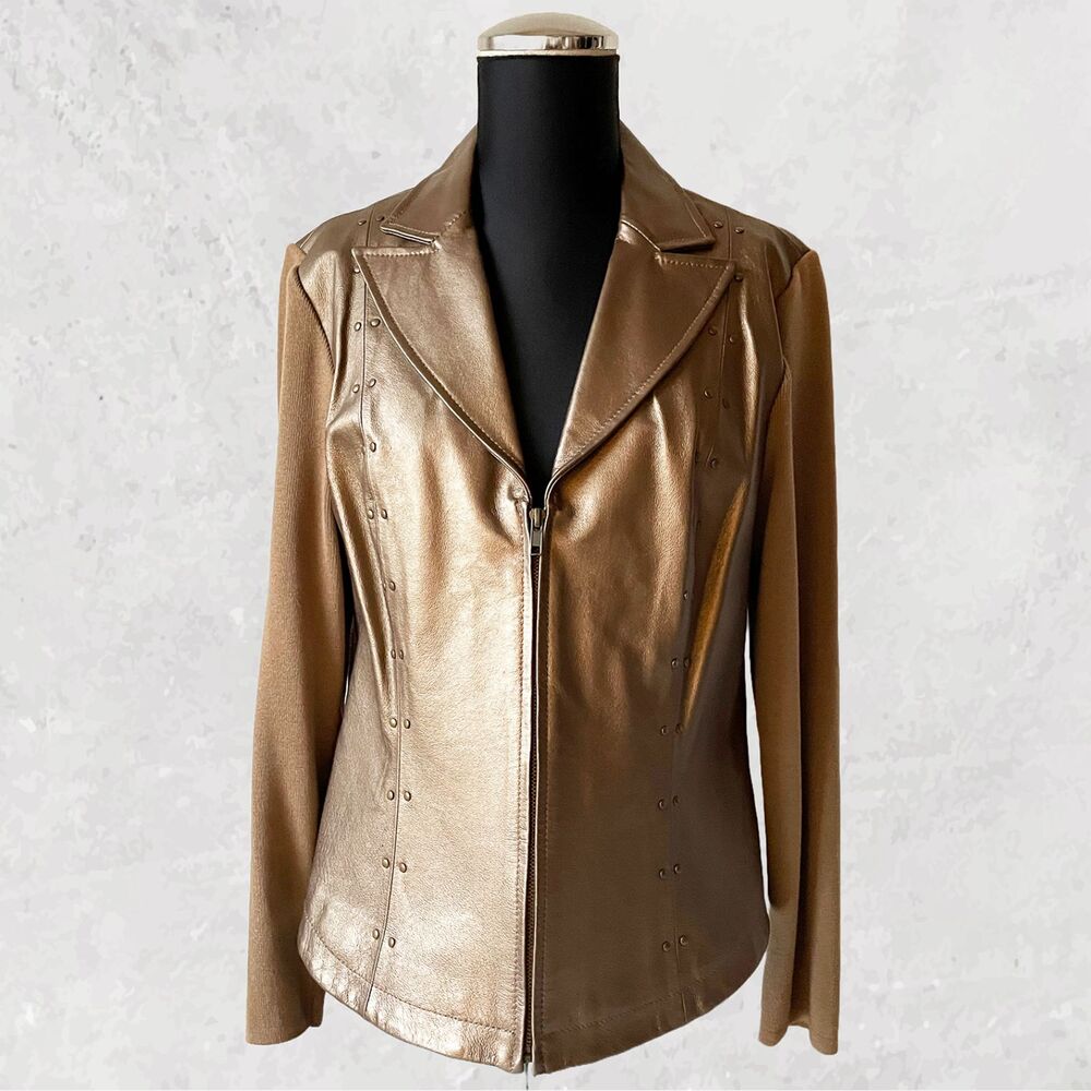 Nygard Metallic Gold Blazer Leather/Knit Women's Medium Zip Front Collar Studs